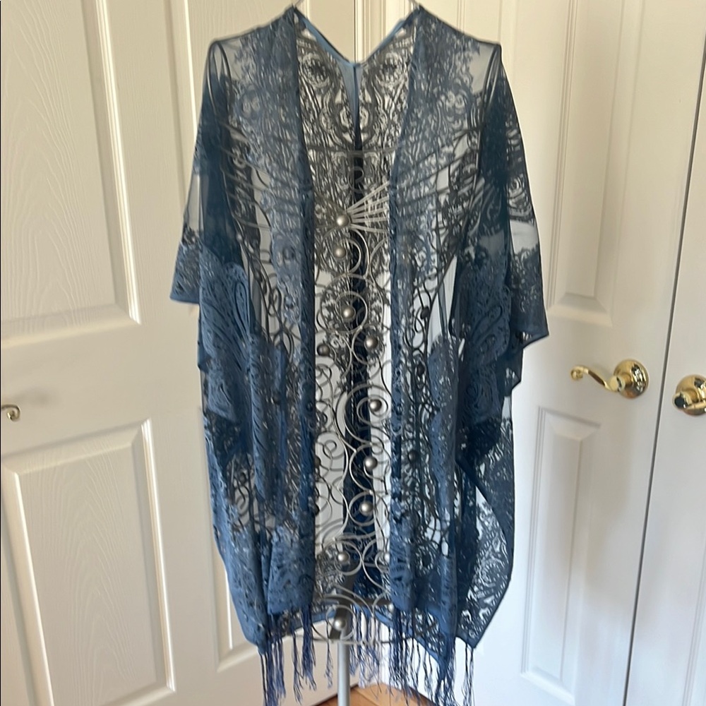 Blue Lace Cape with Flowing Sleeves and Tassels